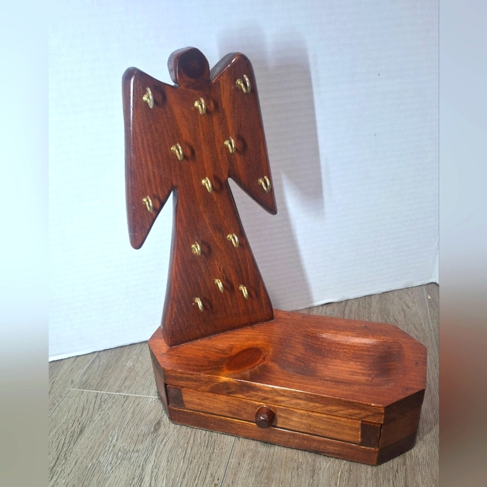 Wooden Handmade Jewelry Box Holder Angel Hooks for Necklace  Rings Table Top